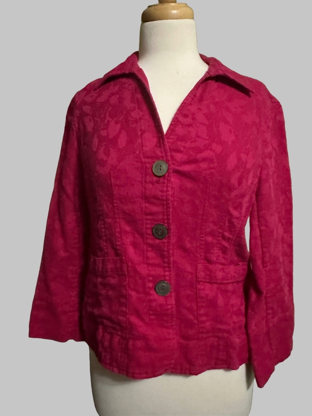 VTG Y2K Jones Wear Fuchsia Leaf Jacquard Linen Cotton Blazer Jacket